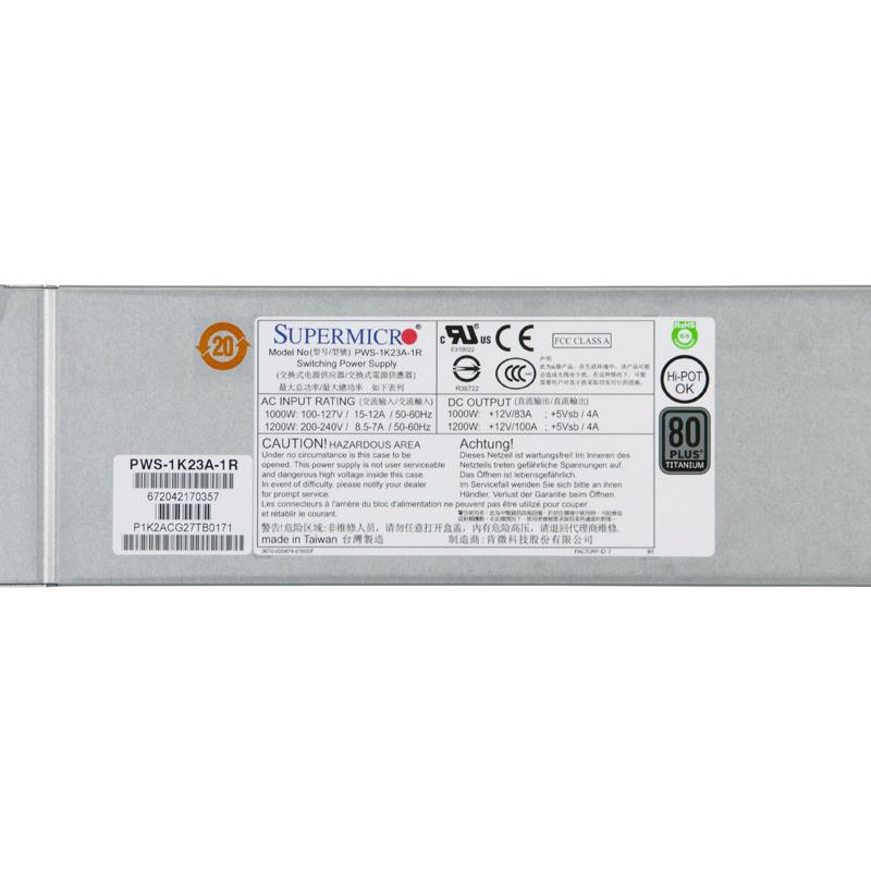Supermicro PWS-1K23A-1R 1U 1200W 80 Plus Titanium Certified Redundant Power Supply With PMBus