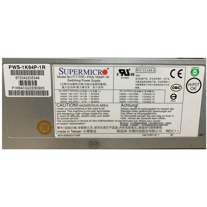 Supermicro PWS-1K64P-1R 1U 1600W Redundant 80 Plus Platinum Power Supply