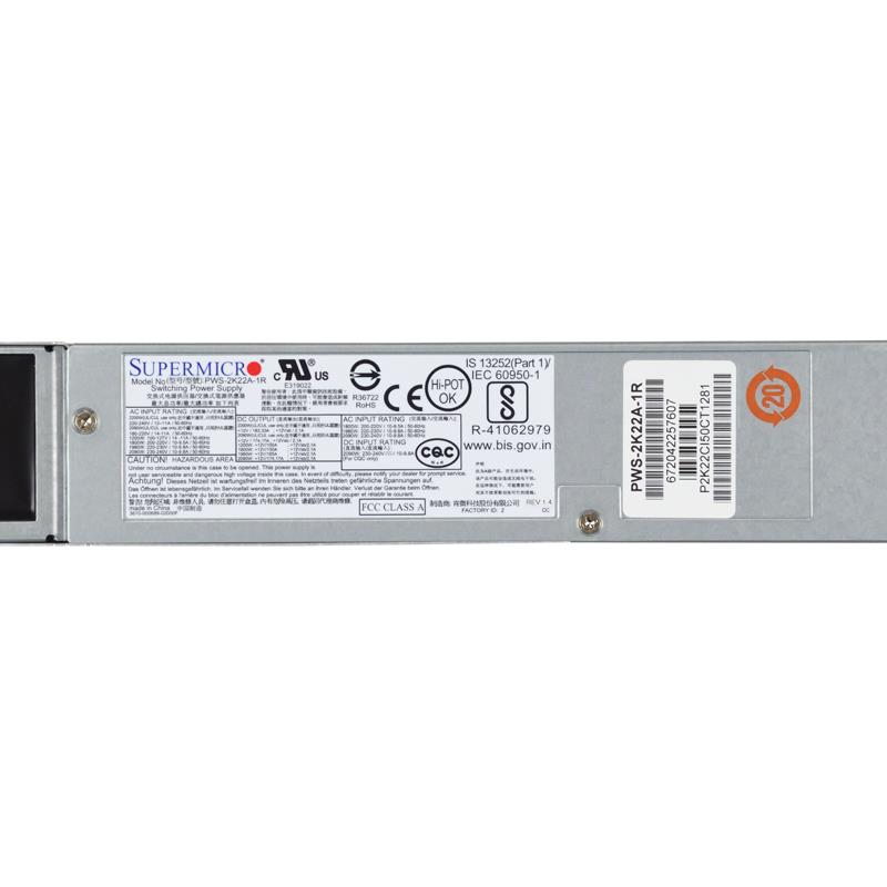 Supermicro PWS-2K22A-1R 1U 2200W Redundant Titanium Power Supply With PMBus 1.2 Support