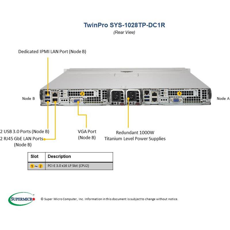 Supermicro SYS-1028TP-DC1R Twin Barebone Dual CPU, Two hot-pluggable Node