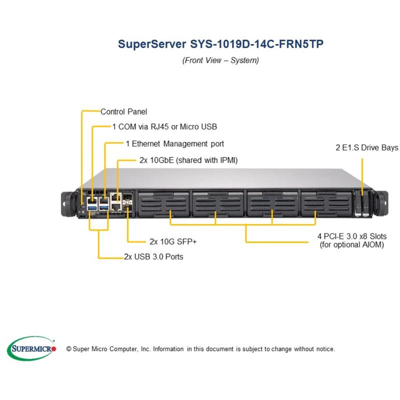 Supermicro SYS-1019D-14C-FRN5TP 1U Compact Barebone Embedded Intel Xeon D-2173IT Processor