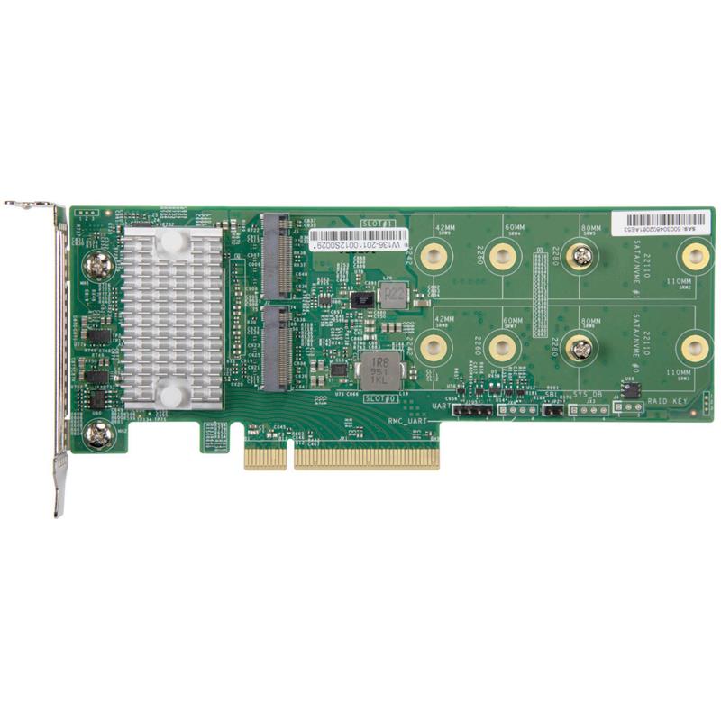Supermicro 2-Port M.2 Hybrid NVMe or SATA3 Add-on Card Gen3 PCIe x8 RAID 0 & 1, AOC-SLG3-2H8M2