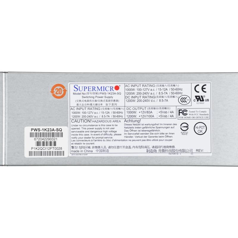 Supermicro PWS-1K23A-SQ 1U 1000W/1200W Redundant Titanium Hot-swappable Power Supply