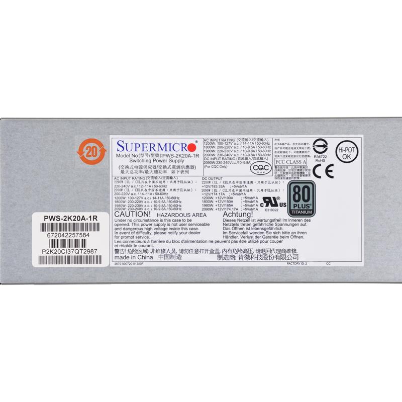 Supermicro PWS-2K20A-1R 1U 2200W Redundant 80 Plus Titanium Power Supply With PMBus Support