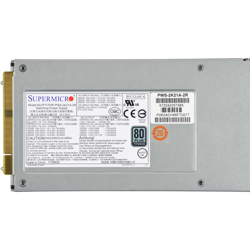 Supermicro PWS-2K21G-2R 2U 2200W Redundant 80 Plus Titanium AC-DC Power Supply With PMBus 1.2 Support