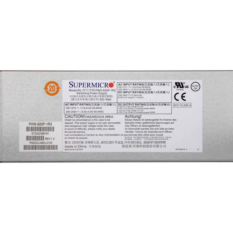 Supermicro PWS-920P-1R2 1U 920W Redundant 80 Plus Platinum Power Supply With PMBus 1.2 Support