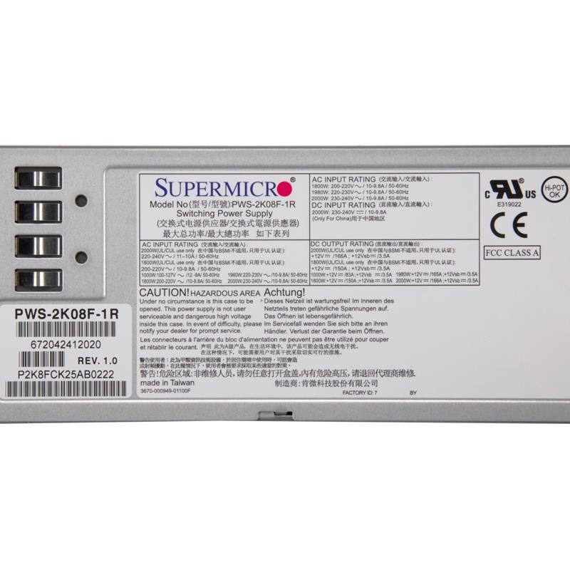 Supermicro PWS-2K08F-1R 1U 2000W Redundant Titanium DC Power Supply With PMBus Support